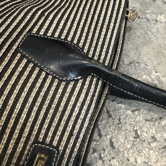 Eric Javits Stripe Black & Beige Straw Leather Tote Handbag - Picture 10 of 12